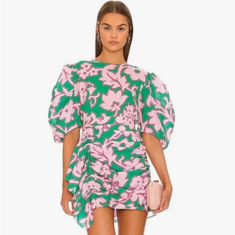 RHODE Pia Green and Pink Floral Puff Sleeve Dress